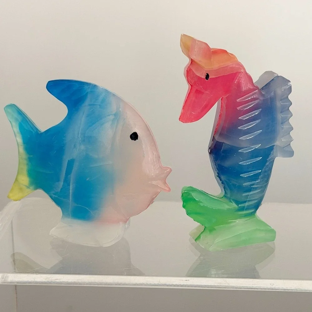 Seahorse & Fish Stone Marble Colorful Carved Stone Ocean Nautical Tropical Set